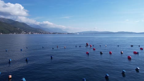 Boyas-De-Pesca-En-Aguas-Azules-De-La-Bahía-De-Kotor,-Montenegro,-Vista-Aérea-De-Drones