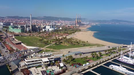 General-aerial-drone-shot-of-the-industrial-city-of-Badalona-in-Barcelona,-Spain-on-a-sunny-day