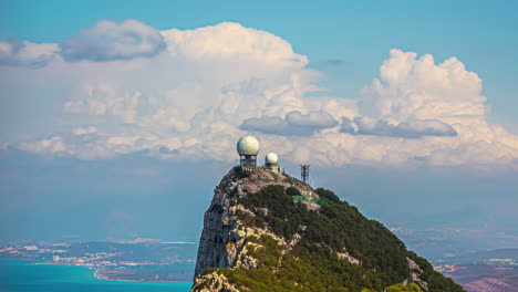 Rock-of-Gibraltar-timelapse,-sunny-day-in-British-overseas,-clouds-above-radar-station