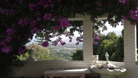 Steinbrunnen-Auf-Einem-Balkon-Mit-Blick-Auf-Südafrika,-Im-Schatten-Einer-Bougainvillea