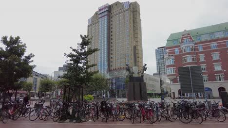 Bicycle-Parking-At-Triangeln-In-Malmo,-Sweden