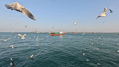 In-captivating-scene,-boat-stands-anchored-in-the-heart-of-the-bay,-encircled-by-countless-seagulls-in-flight,-blending-drama-and-serenity-in-picturesque-moment