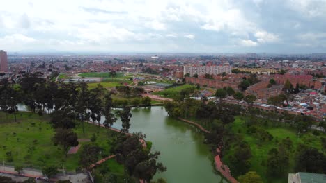 Desde-Las-Bulliciosas-Calles-De-Boitá-Hasta-Las-Tranquilas-Orillas-Del-Lago-Timiza,-Nuestro-Dron-Ofrece-Una-Perspectiva-Cautivadora-De-Este-Dinámico-Paisaje-Urbano.