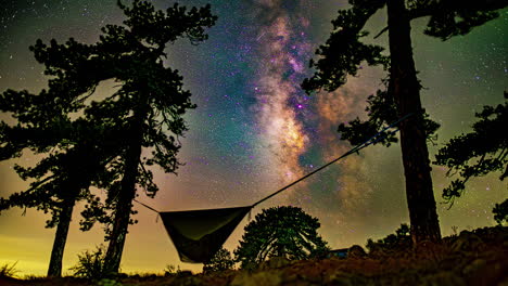 Time-Lapse,-Magical-Milky-Way-Moving-Above-Tree-Tent-and-Pines,-Starry-Night-Sky