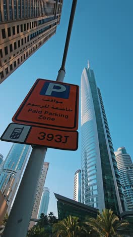 A-view-of-the-paid-parking-zone-at-the-Jumeirah-Lake-Towers-in-Dubai,-United-Arab-Emirates