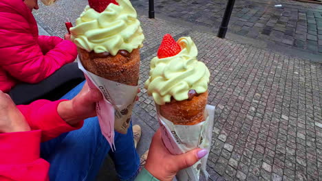 Trdelnik-ice-cream-strawberry-Hungarian-dessert-Prague-Czech-Republic