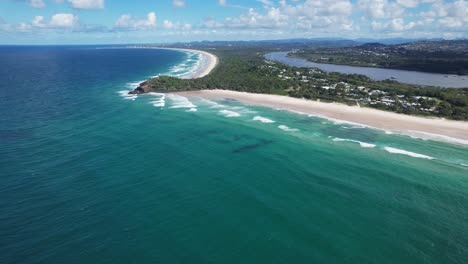 Fingal-Headland-And-The-Tasman-Sea-In-New-South-Wales,-Australia---Aerial-Drone-Shot
