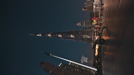 Night-view-of-Dubai's-Burj-Khalifa,-the-world's-tallest-tower-in-the-United-Arab-Emirates