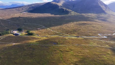 Aerial-View-of-the-Kingshouse-Hotel-in-the-Spectacular-Glen-Coe-Valley,-Highlands-of-Scotland,-United-Kingdom