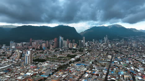 Downtown-cityscape-of-Bogota,-rainy-day-in-Colombia---Descending-drone-shot