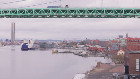 Traffic-on-Älvsborgsbron-with-view-of-harbor-and-Gothenburg-city-skyline-beneath