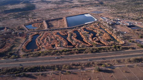 Drone-Shot-of-Sedona-Wetlands-Preserve-by-Arizona-89a-State-Route,-Sewage-Waste-Water-Filtration-Facility
