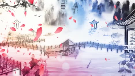 China's-traditional,-Chinese-painting-ink-in-the-mountains-with-flowers,-tree,-birds,-and-river-in-fog-background-artwork
