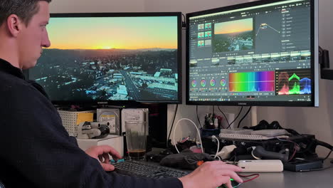 Filmmaker-edits-colorful-landscape-clips-in-Davinci-Resolve,-timelapse