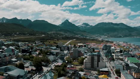 Cityscape-Of-Ushuaia-In-Tierra-Del-Fuego,-Argentina---Aerial-Drone-Shot