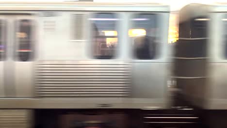 Looking-at-a-Chicago-Train-moving-by,-close-up