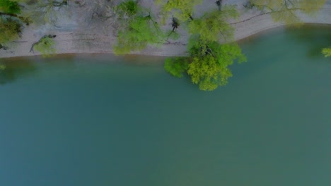 Sauberes-Azurblaues-Wasser-Am-Flussufer-Auf-Dem-Land,-Luftaufnahme-Von-Oben-Nach-Unten-Mit-Grünen-Bäumen-An-Der-Seite