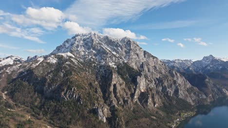 Traunstein-Over-Gmunden-and-Traunseee-austria-Cinematic-Flight-toward-Mountain