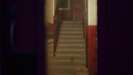 Looking-through-murky-door-window-onto-stairway-of-inner-city-apartment-building,-handheld-at-night