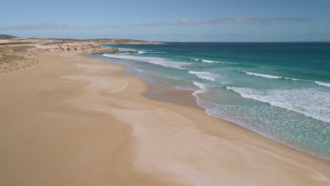 Pristine-Eyre-Peninsula-sandy-empty-beach-with-turquoise-ocean-water,-Greenly-Beach,-South-Australia