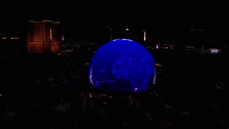 Aerial-View-of-Sphere,-Las-Vegas-USA-at-Night-With-Paramount-Plus-Advert-Animation