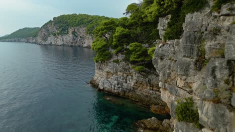 Isla-Kalamota,-Mar-Adriático,-Croacia---Aguas-Cristalinas-Se-Encuentran-Con-Una-Costa-Escarpada-Debajo-De-Acantilados-Cubiertos-De-Vegetación---Drones-Volando-Hacia-Adelante