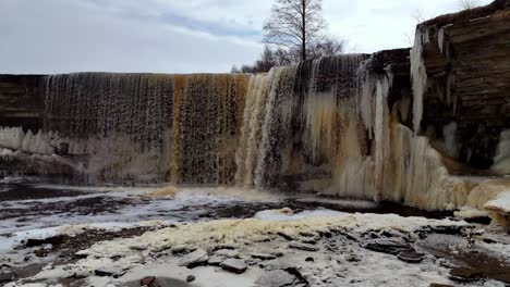 Large-Icicles-On-Jagala-Waterfall-During-Winter-In-Koogi-,-Harju-County,-Estonia