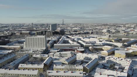 Serene-Snowy-Winter-City-of-Stockholm,-Sweden,-Aerial-Drone-view-with-Copy-Space