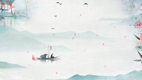 Tinta-De-Pintura-Tradicional-China-En-Las-Montañas-Con-Flores,-árboles,-Pájaros-Y-Ríos-En-Obras-De-Arte-De-Fondo-De-Niebla