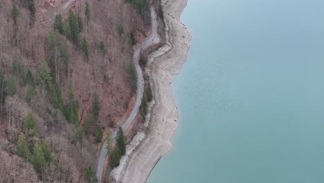Aerial-View-Following-Coastal-Road-by-Light-Blue-Ocean-and-Bare-Forest