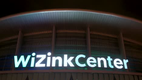 The-WiZink-Center,-Madrid's-indoor-sports,-trade,-and-music-event-arena,-is-seen-at-nighttime