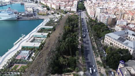 Malaga-Marina-Hauptstraße-Promenade-Ramblas-Spanien-Luftaufnahme-Drohne-Spanische-Stadt