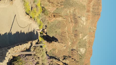 Young-casual-woman-walking-in-Teide-National-Park,-vertical-view