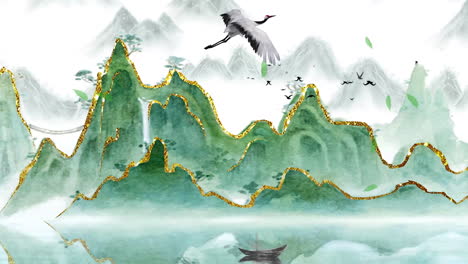 China's-traditional,-Chinese-painting-ink-in-the-mountains-with-flowers,-tree,-birds,-and-river-in-fog-background-artwork