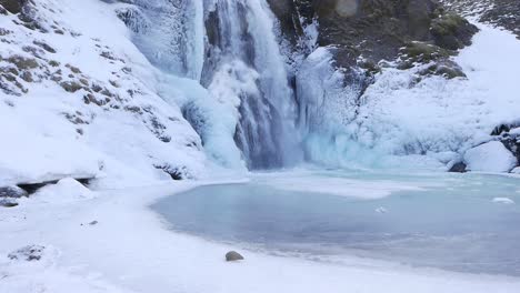 Helgufoss-Wasserfall-Mit-Eis-Bedeckt.-Früher-Frühling.-Island