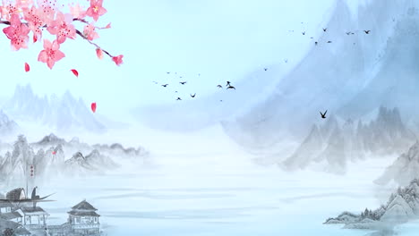 Tinta-De-Pintura-Tradicional-China-En-Las-Montañas-Con-Flores,-árboles,-Pájaros-Y-Ríos-En-Obras-De-Arte-De-Fondo-De-Niebla
