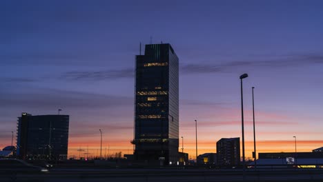 Sunset-over-Reykjavik,-timelapse-in-heart-of-Iceland-capital-city-at-dusk