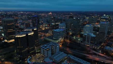 High-aerial-shot-above-downtown-Richmond,-Virginia-during-night