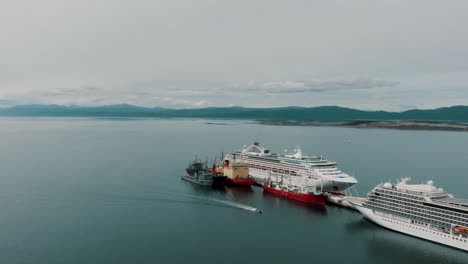 Cruise-Ships-In-Ushuaia,-Tierra-Del-Fuego,-Argentina,-Patagonia---Aerial-Drone-Shot