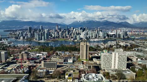 Flying-Towards-The-Downtown-Vancouver-From-Vancouver-General-Hospital-In-British-Columbia,-Canada