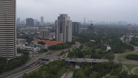 High-angle-view-of-Houston,-Texas-Buffalo-Bayou-Park-area