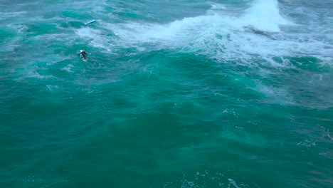 Drone-shot-of-surfers-playing-and-surfing-backwards-during-high-tide-in-Carlsbad-California