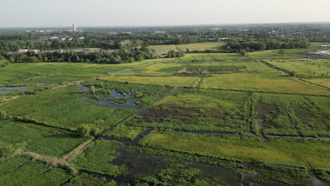 Left-Pan-Aerial-of-Natural-Reserve-of-Bourgoyen-Ossemeersen-in-Ghent,-Belgium