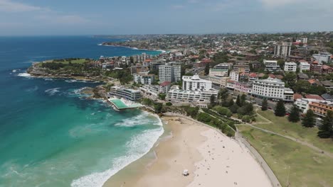 Aerial-drone-shot-of-Bondi-Beach,-Australia,-iconic-coastal-destination