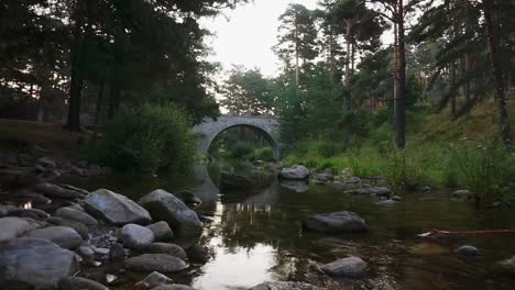 Idyllische-Steinbrücke,-Die-Sich-Im-Fließenden-Wasser-Eines-Flusses-Spiegelt,-Umgeben-Von-Grünen-Bäumen