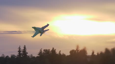 Slow-motion-F18-fighter-jet-flying-at-dusk-with-sunset-sky