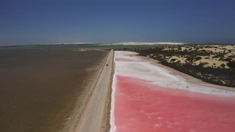 Aerial-Drone-view-of-the-pink-Lake-MacDonnell,-Eyre-Peninsula,-South-Australia