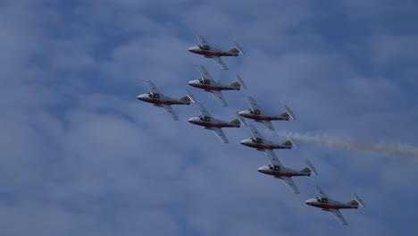 Formación-Apretada-De-Sobrevuelo-De-Aviones-A-Reacción-En-La-Pista-De-Exhibición-Aérea