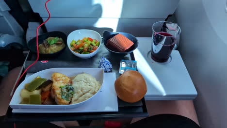 Airplane-meal-closeup-shot-point-of-view-chicken-salad-potatoes-travel-seat-legs