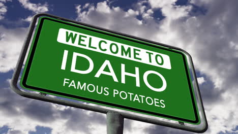 Welcome-to-Idaho,-USA-State-Road-Sign,-Famous-Potatoes-Slogan,-Realistic-3d-Animation